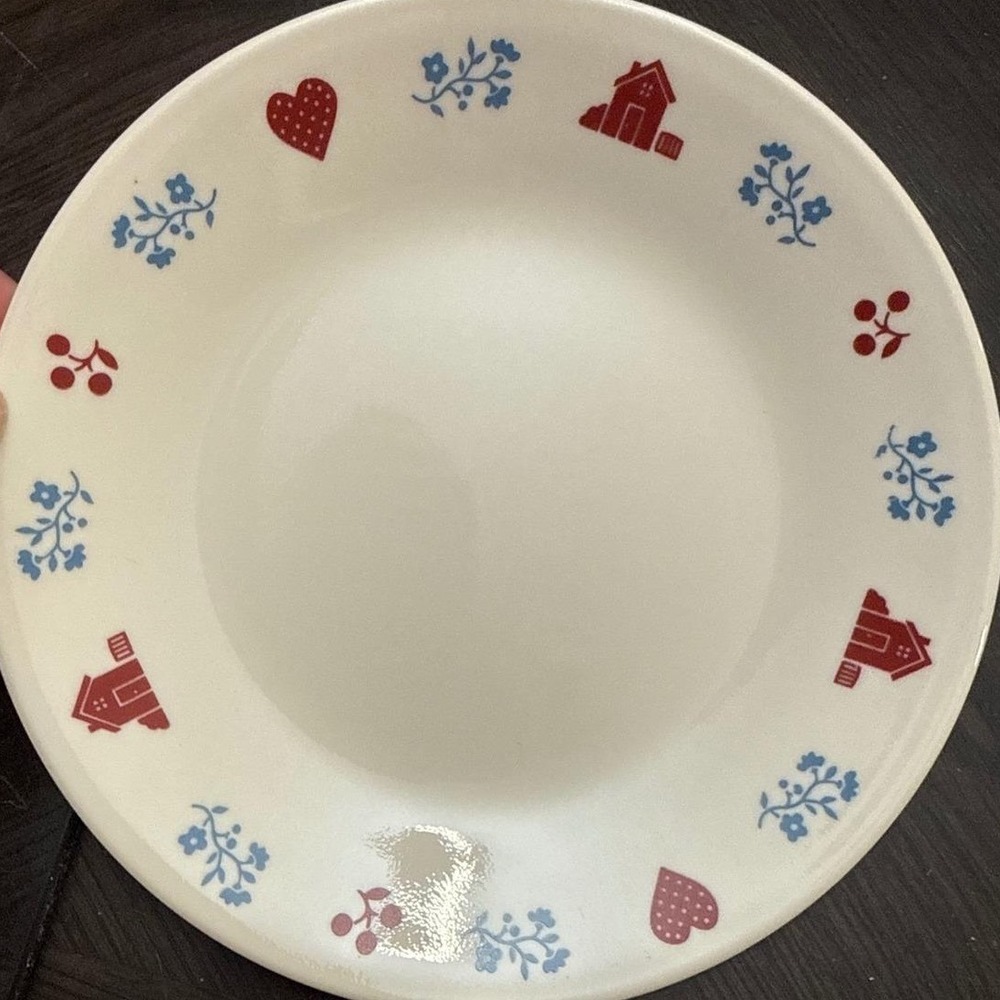 Corelle Village Bread and Butter Plate 6.75 Inch Red Blue Folk Art House Heart